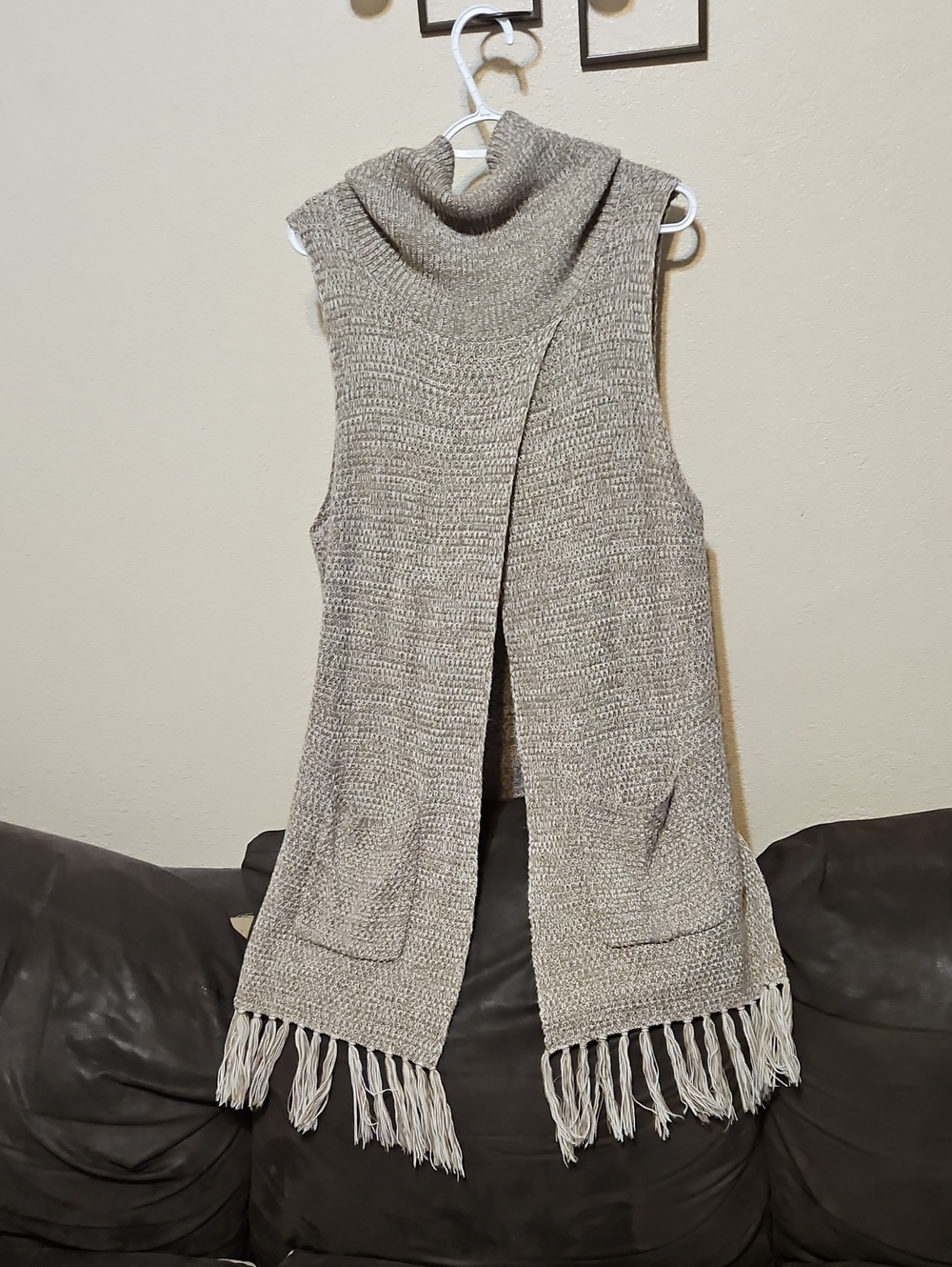 Sleeveless Fringed Knit Poncho Vest - Beige